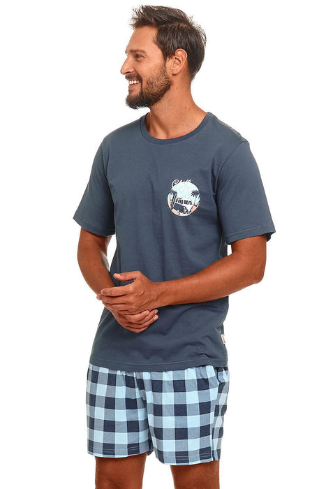 Sophisticated Men's Cotton Lounge Ensemble - Chic Short Sleeve Top with Trendy Trousers