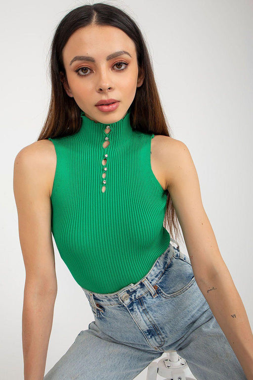 Elegant Sleeveless Turtleneck Top with Decorative Zircon Accents