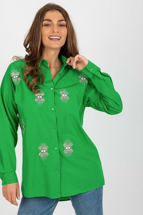 Stylish Embroidered Women's Shirt with Loose Fit and Buttoned Long Sleeves