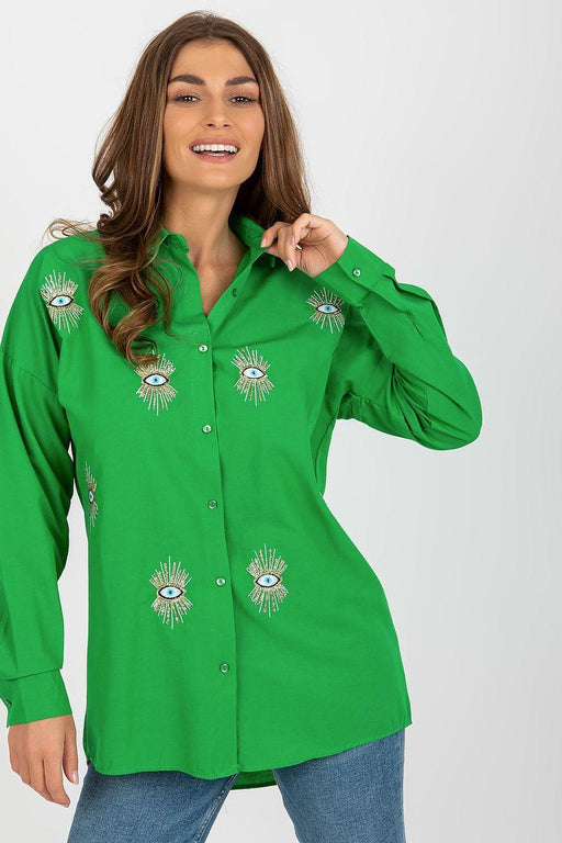 Chic Embroidered Loose-Fit Women's Long Sleeve Shirt with Button Detail