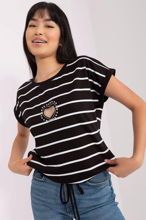 Chic Striped Blouse with Heart Rhinestone Detail