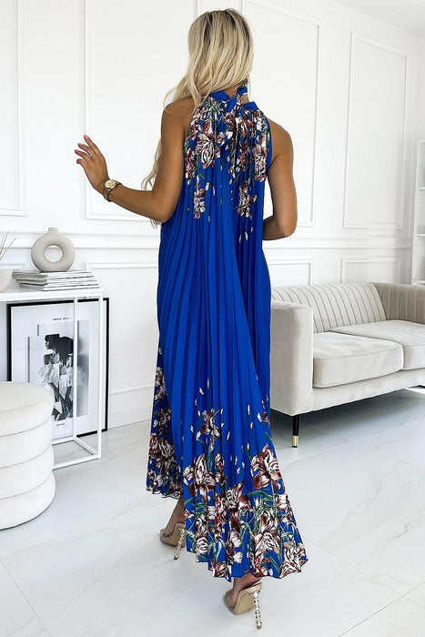 Elegant Floral Satin Pleated Maxi Dress by Numoco