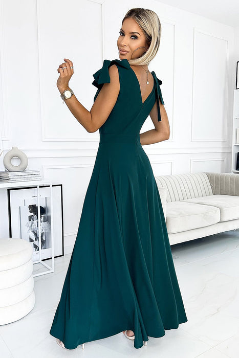 Elegant Bottle Green Evening Dress with Stylish Shoulder Bows