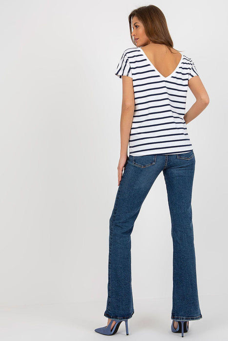 Trendy Striped V-Neck Tee with Eye-Catching Back Cutout