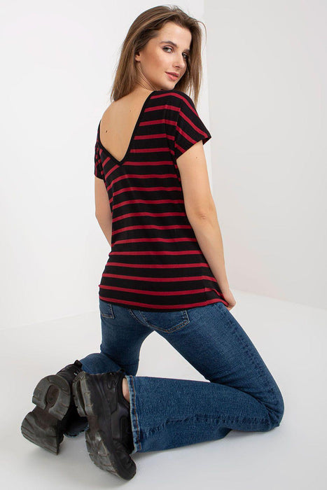 Trendy Striped V-Neck Tee with Eye-Catching Back Cutout