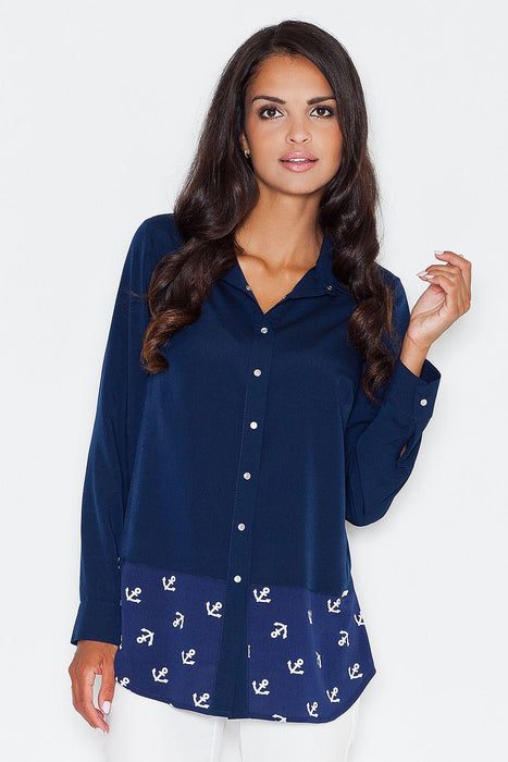 Chic Anchor Design Long-Sleeve Blouse for Effortless Elegance