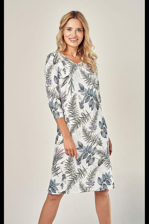 Floral Cotton Nightshirt with 3/4 Sleeves and Half-Round Neckline