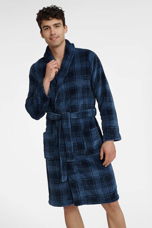 Checkered Men's Bathrobe with Subtle Embroidery and Hood - Cozy Comfortwear