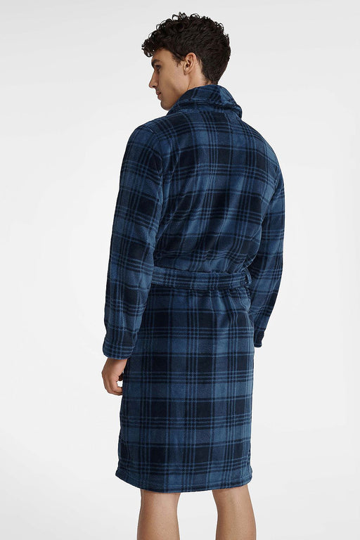 Checkered Men's Bathrobe with Subtle Embroidery and Hood - Cozy Comfortwear