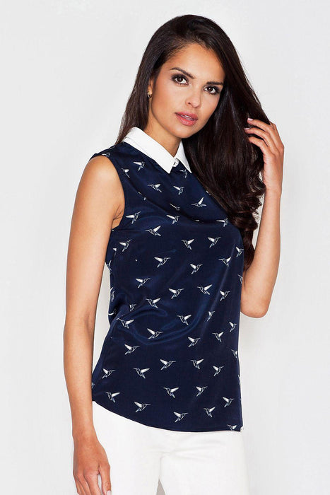 Chic Bird-Print Sleeveless Blouse with Fashionable Collar Detail