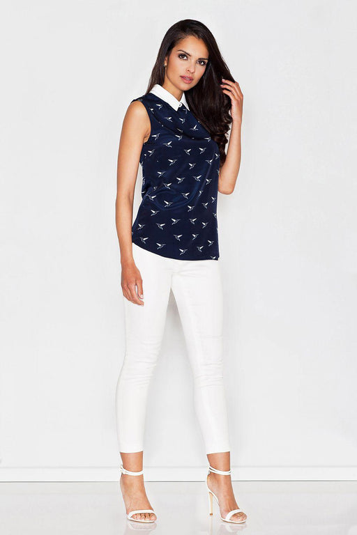 Chic Bird-Print Sleeveless Blouse with Fashionable Collar Detail