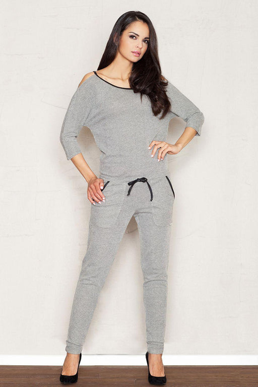 Sleek Charcoal Utility Jumpsuit with Trendy Patch Pockets and Elegant Black Details