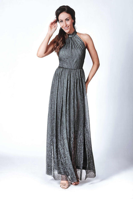 Glamorous Crepe Mesh Floor-Length Dress with Elegant High Collar and Striking Slit