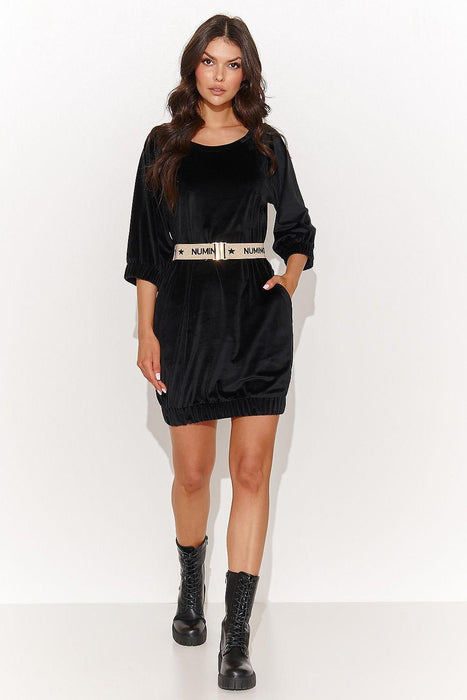 Chic Velour Mini Dress with Belt - Sand & Black