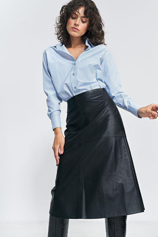 Imitation Leather Trapeze Midi Skirt