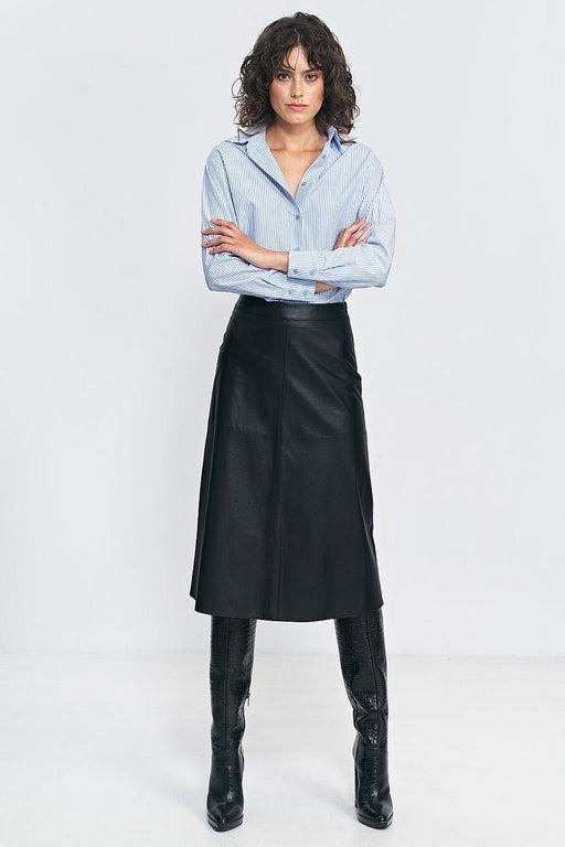 Imitation Leather Trapeze Midi Skirt