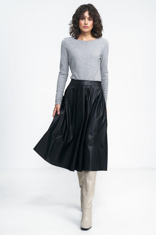 Elegant Pleated Faux Leather Midi Skirt