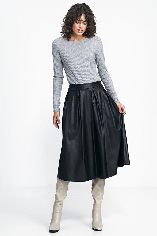 Elegant Pleated Faux Leather Midi Skirt