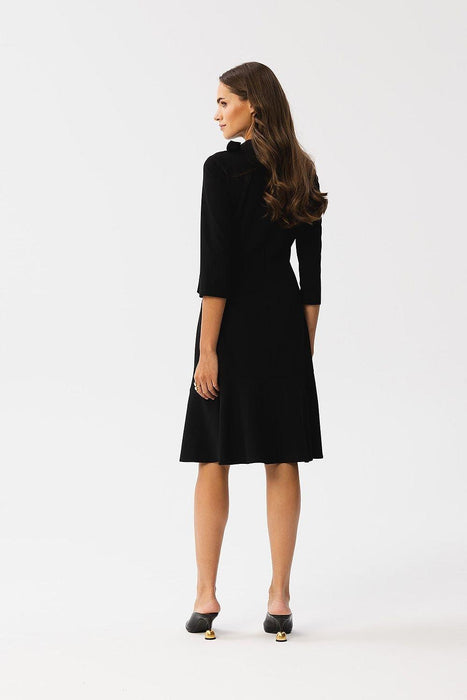 Sophisticated Ruffle-Back Day Dress with Stand-Up Collar