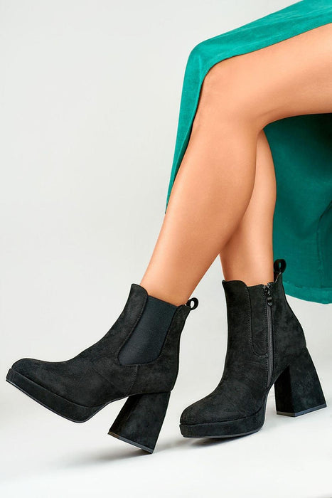 Elegant Black Suede High Heel Ankle Boots with Platform