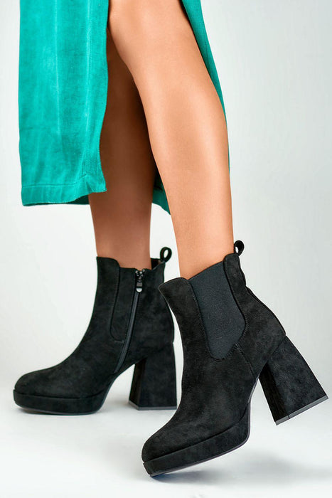 Elegant Black Suede High Heel Ankle Boots with Platform