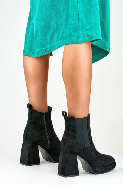 Elegant Black Suede High Heel Ankle Boots with Platform