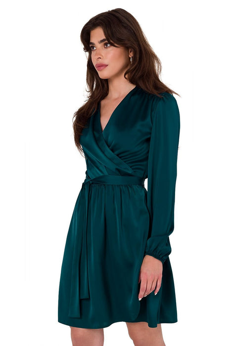 Satin Envelope Cut Mini Dress with Customizable Sleeves