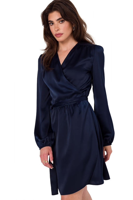 Satin Envelope Cut Mini Dress with Customizable Sleeves