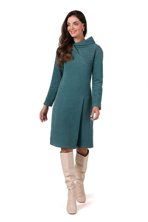 Elegant Textured Knit Midi Dress with High Neck and Long Sleeves