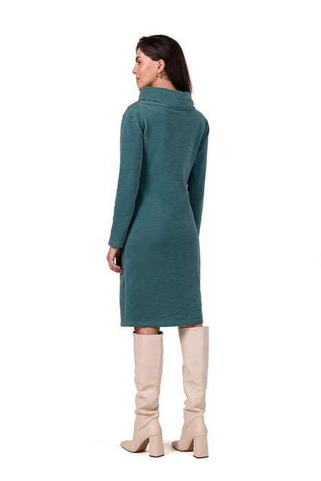 Elegant Textured Knit Midi Dress with High Neck and Long Sleeves