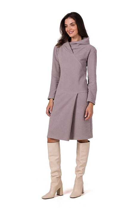 Elegant Textured Knit Midi Dress with High Neck and Long Sleeves