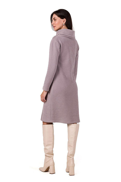 Elegant Textured Knit Midi Dress with High Neck and Long Sleeves