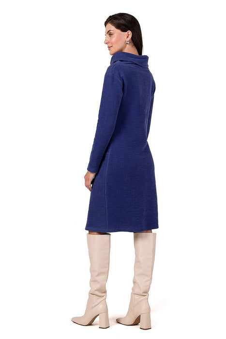 Elegant Textured Knit Midi Dress with High Neck and Long Sleeves