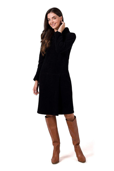 Elegant Textured Knit Midi Dress with High Neck and Long Sleeves