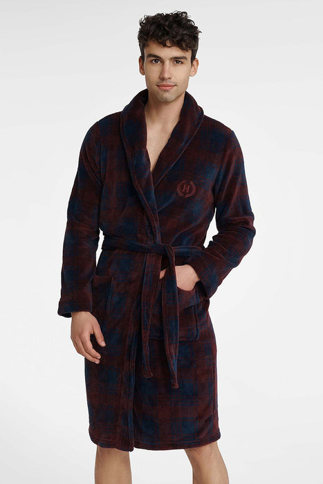 Cozy Men's Burgundy and Navy Blue Bathrobe with Adjustable Fabric Belt