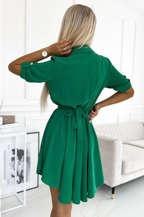 Chic Green Shirt Dress with Elegant Gold Belt - Numoco Collection