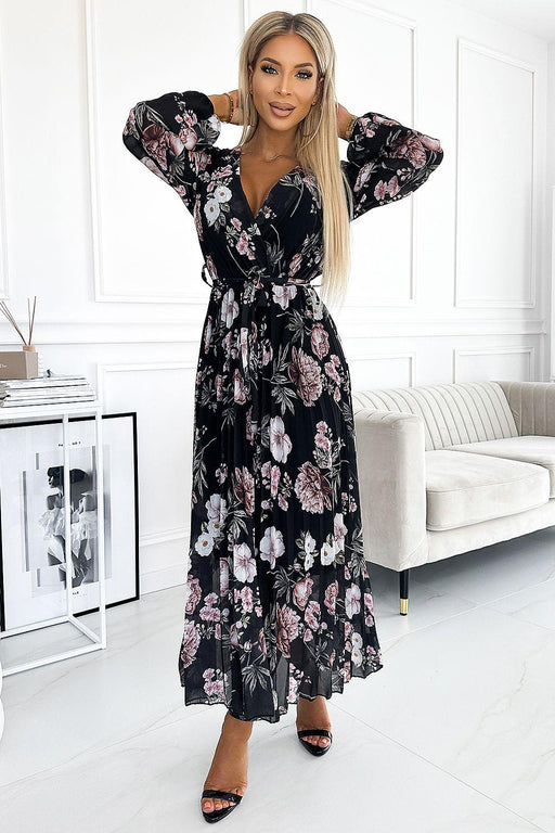 Chic Rose Print Midi Dress with Elegant Waist Tie in Chiffon