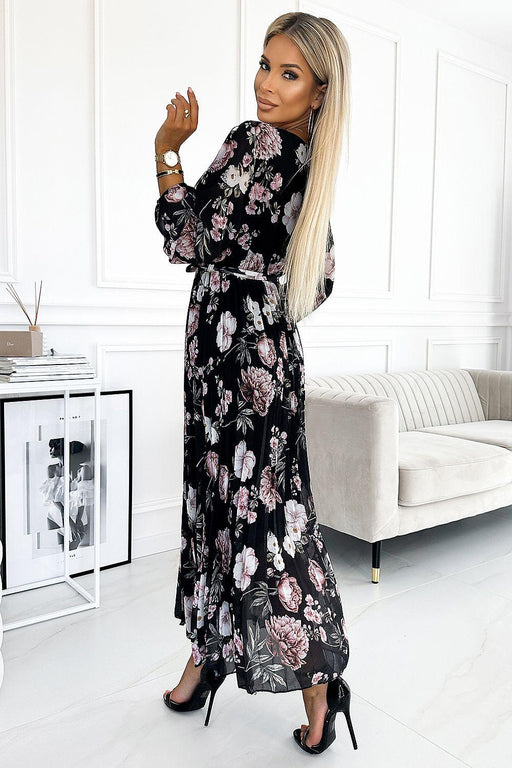 Chic Rose Print Midi Dress with Elegant Waist Tie in Chiffon