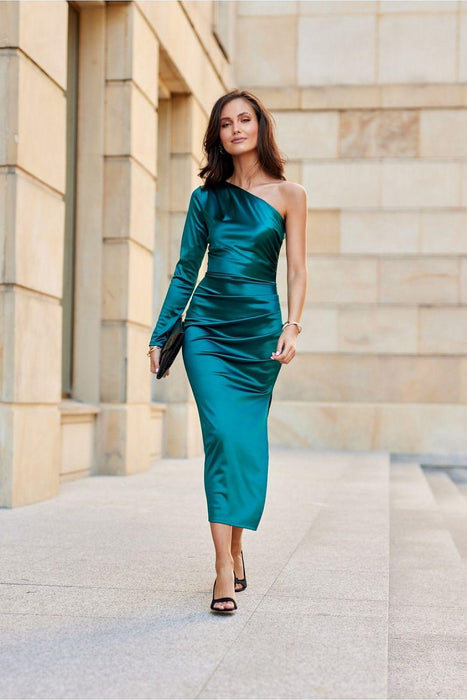 Chic One-Shoulder Satin Midi Dress with Alluring Slit