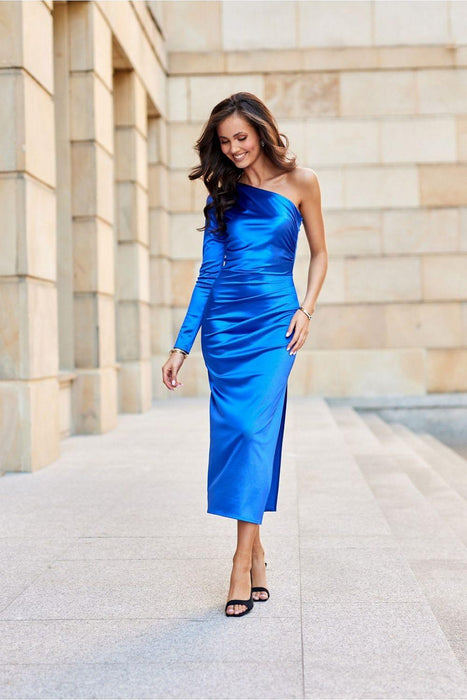 Chic One-Shoulder Satin Midi Dress with Alluring Slit