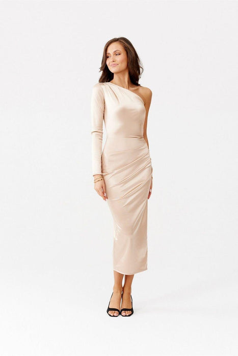 Chic One-Shoulder Satin Midi Dress with Alluring Slit