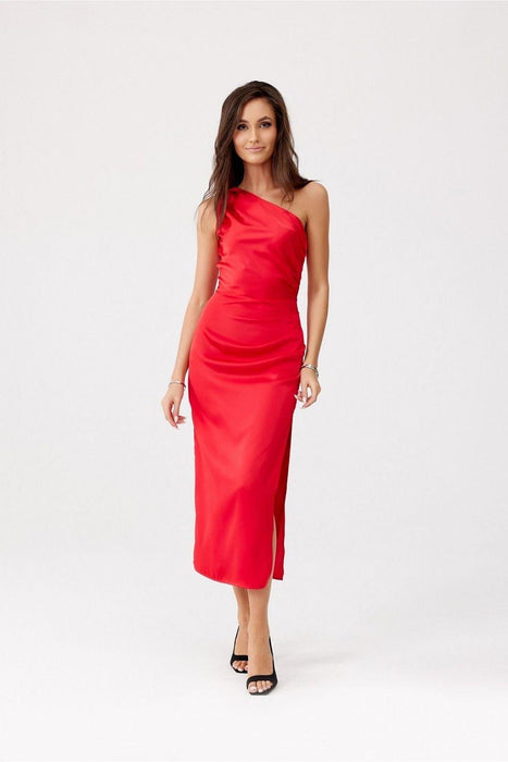 Elegant One-Shoulder Satin Midi Dress with Unique Side Crease Design