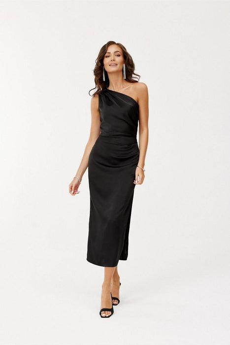 Elegant One-Shoulder Satin Midi Dress with Unique Side Crease Design