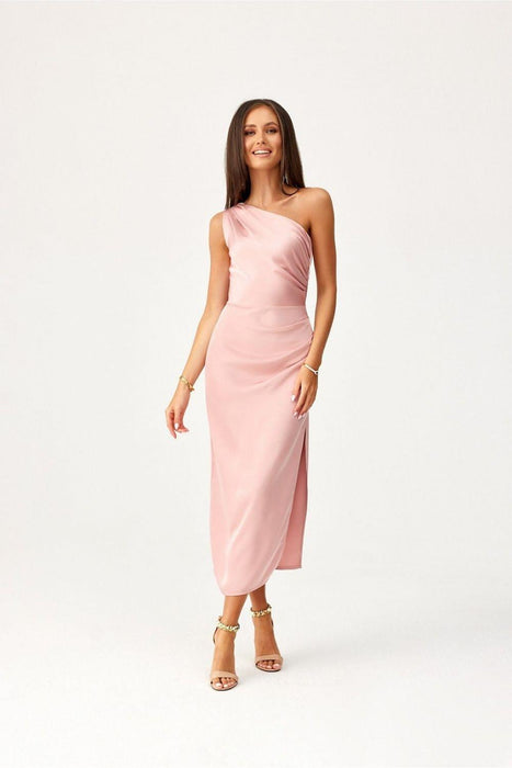 Elegant One-Shoulder Satin Midi Dress with Unique Side Crease Design