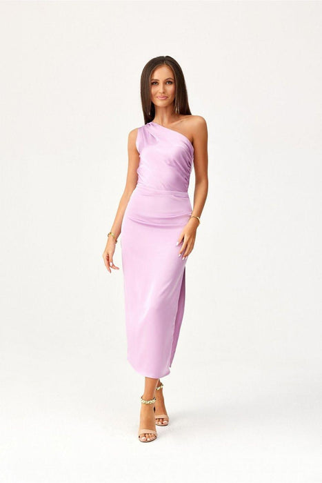 Elegant One-Shoulder Satin Midi Dress with Unique Side Crease Design