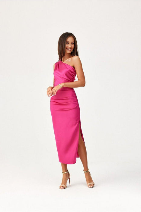 Elegant One-Shoulder Satin Midi Dress with Unique Side Crease Design