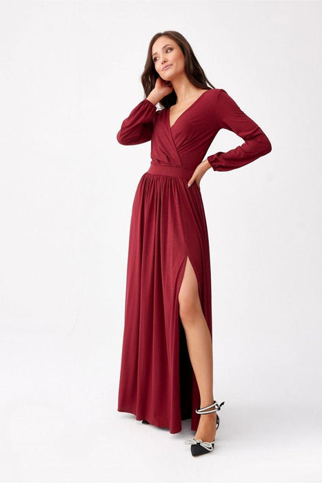 Glamorous Brocade Maxi Dress with Stylish Waist Belt and Eye-Catching Leg Cutout - Ideal for Elegant Events