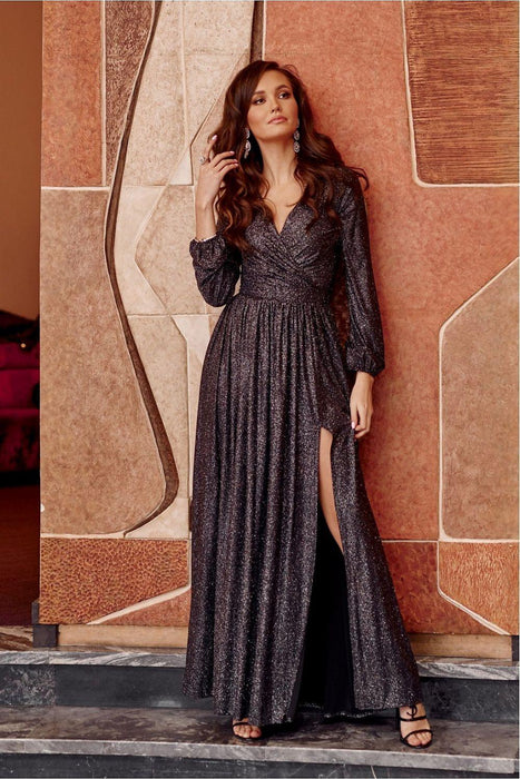 Glamorous Brocade Maxi Dress with Stylish Waist Belt and Eye-Catching Leg Cutout - Ideal for Elegant Events