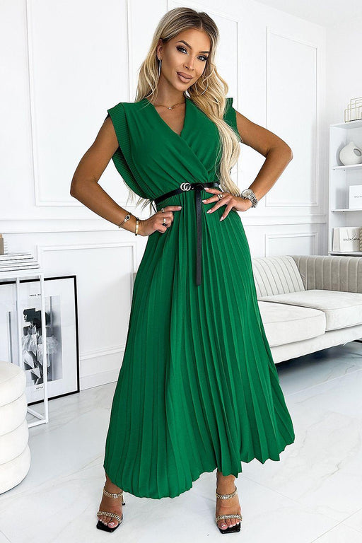 Emerald Ruffled Midi Dress with Chic Belted Envelope Neckline - Numoco Fashion