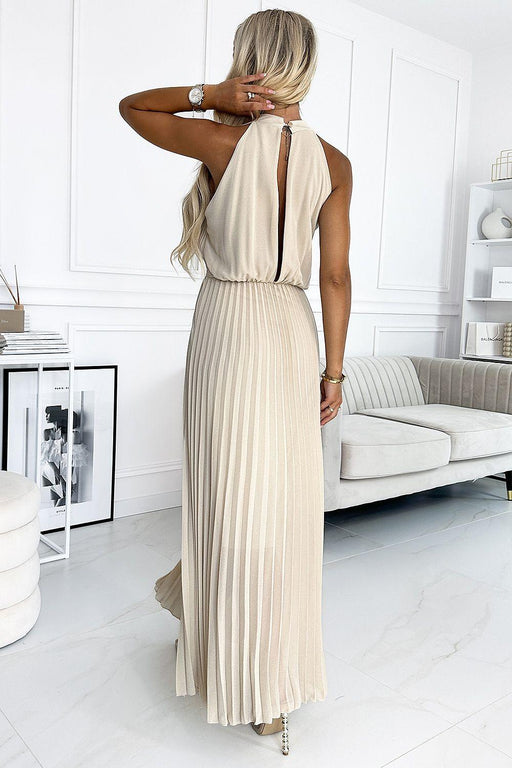 Sophisticated Beige Chiffon Midi Dress with Elegant Teardrop Cutout